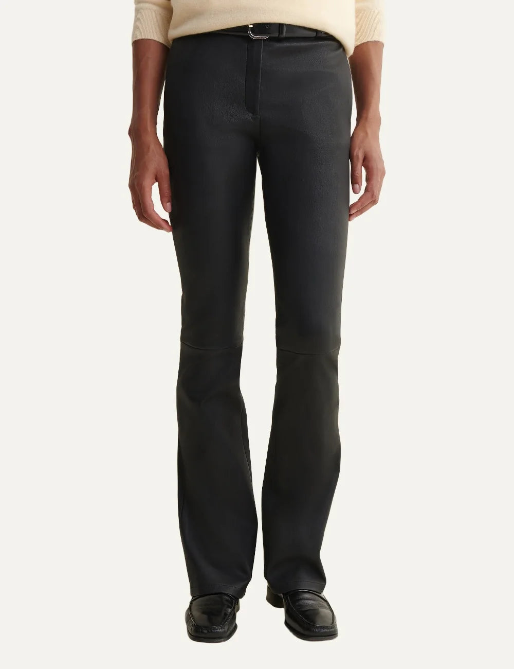 ARMA women's black lamb leather flare trousers detail