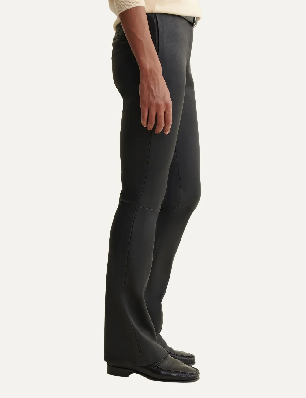 ARMA women's black lamb leather flare trousers side