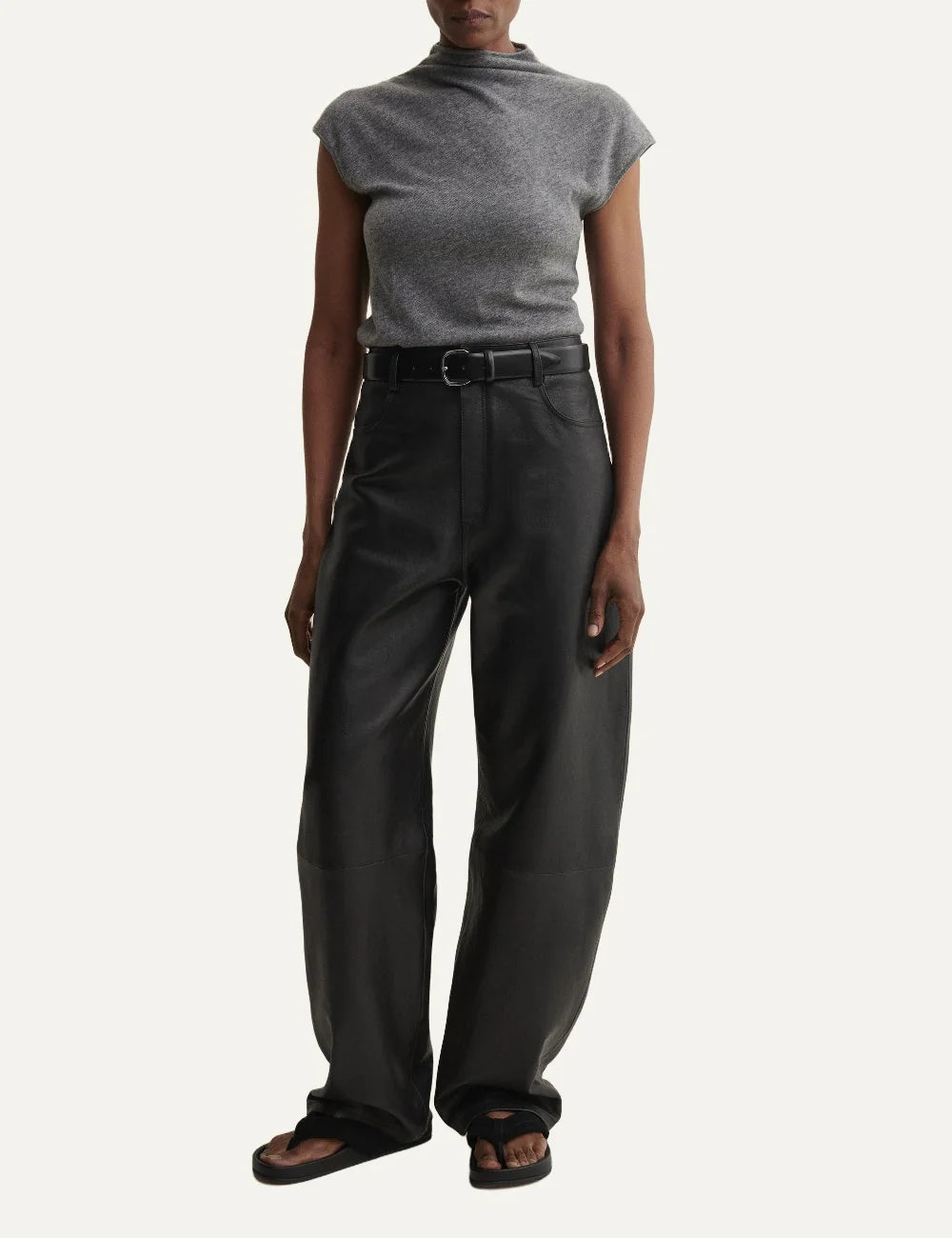 ARMA women's black sheep leather barrel leg trousers full body