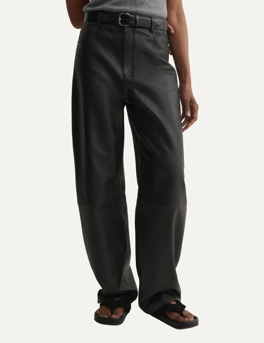 ARMA women's black sheep leather barrel leg trousers detail