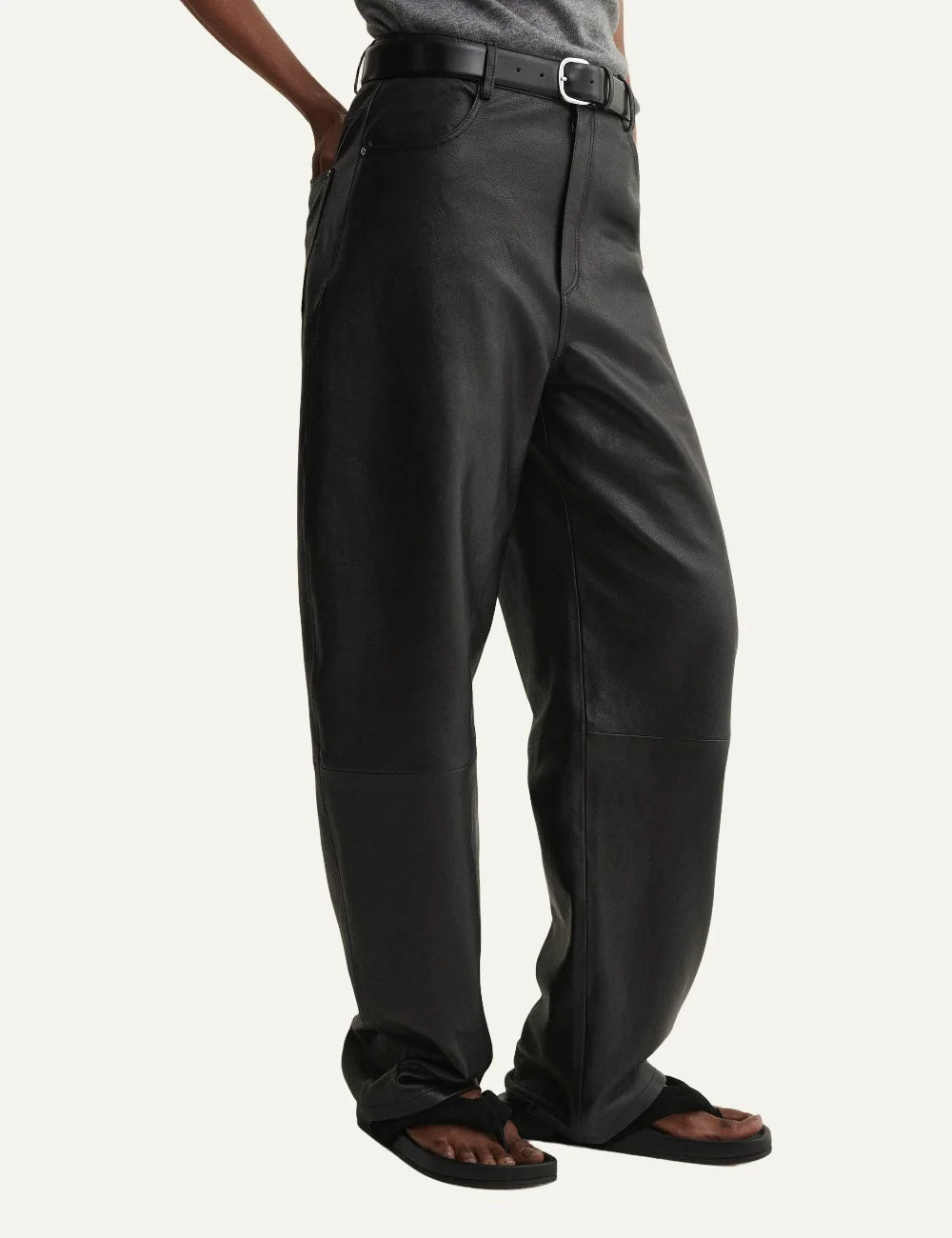ARMA women's black sheep leather barrel leg trousers side