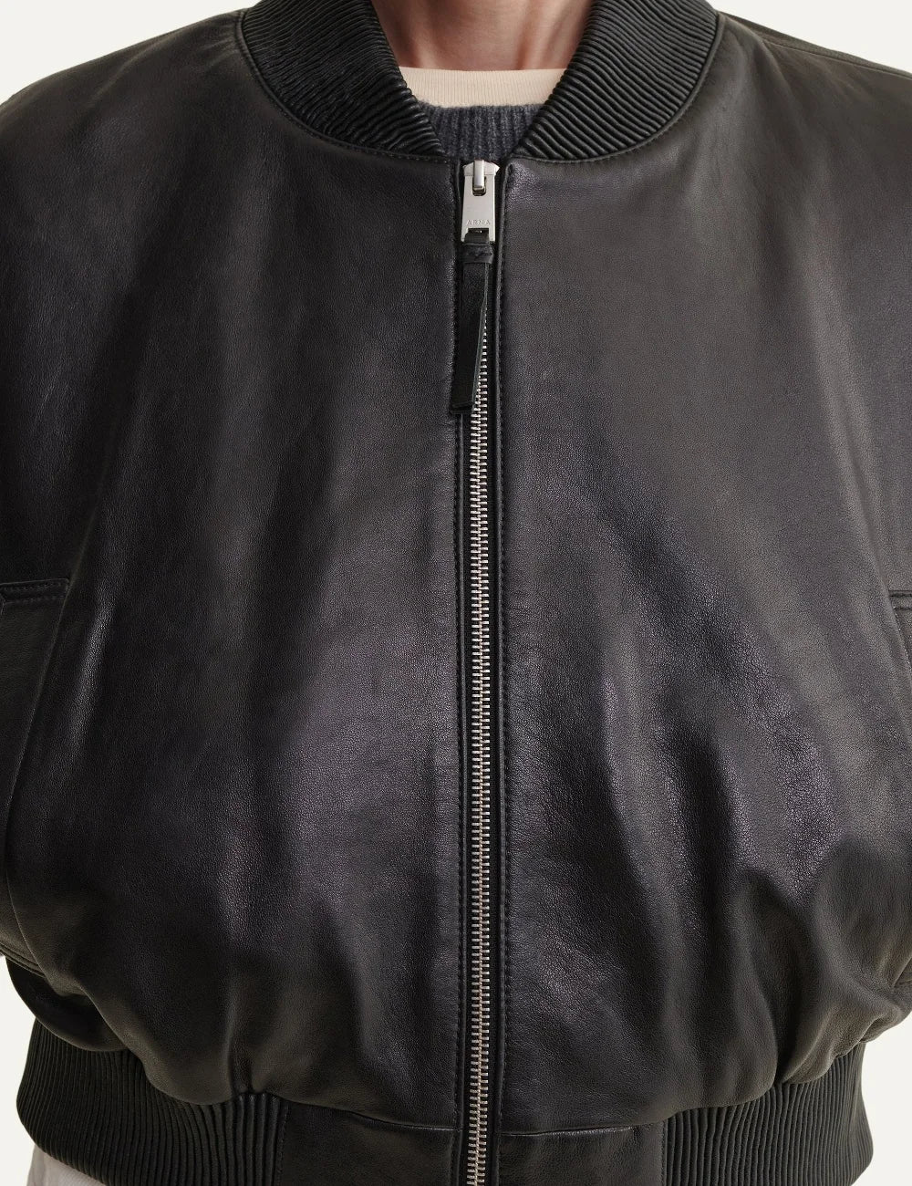 ARMA women's black sheep leather cropped bomber jacket detail
