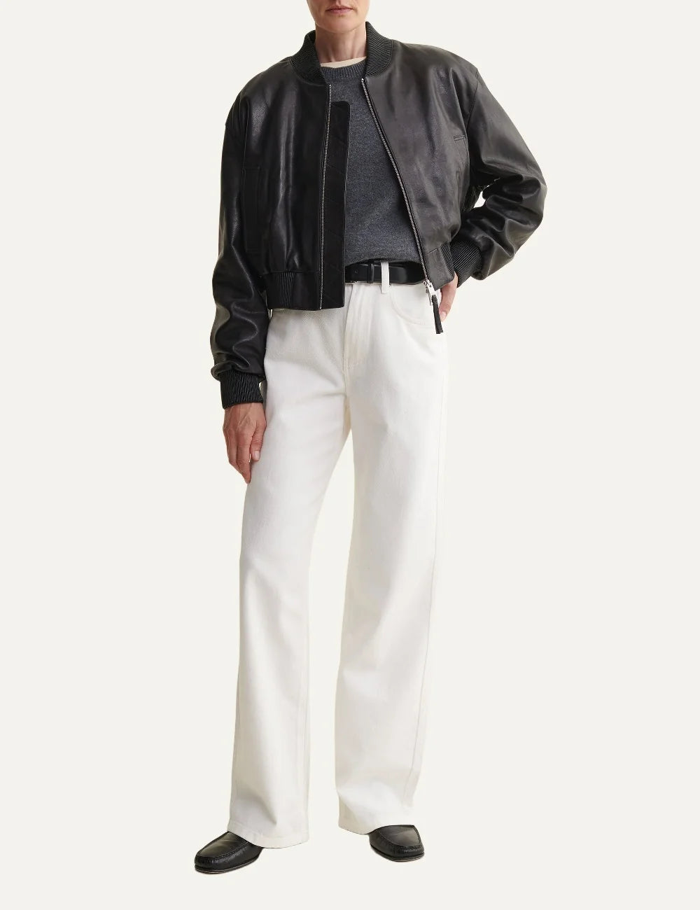 ARMA women's black sheep leather cropped bomber jacket full body