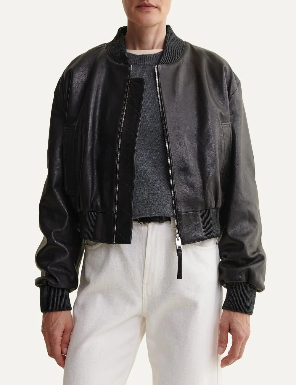 ARMA women's black sheep leather cropped bomber jacket model