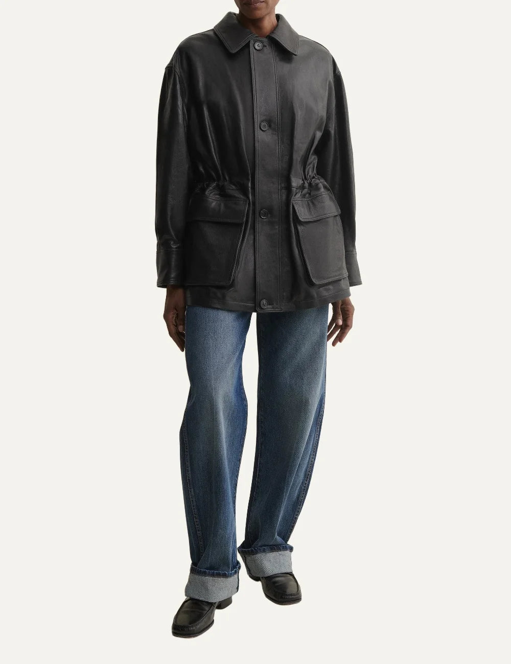 ARMA women's black sheep leather field jacket with front pockets full body