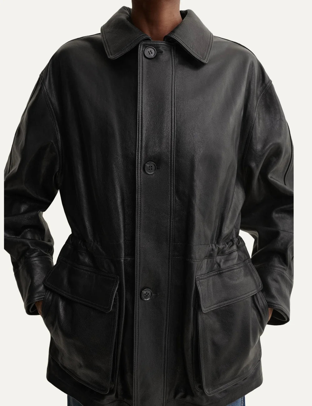ARMA women's black sheep leather field jacket with front pockets detail