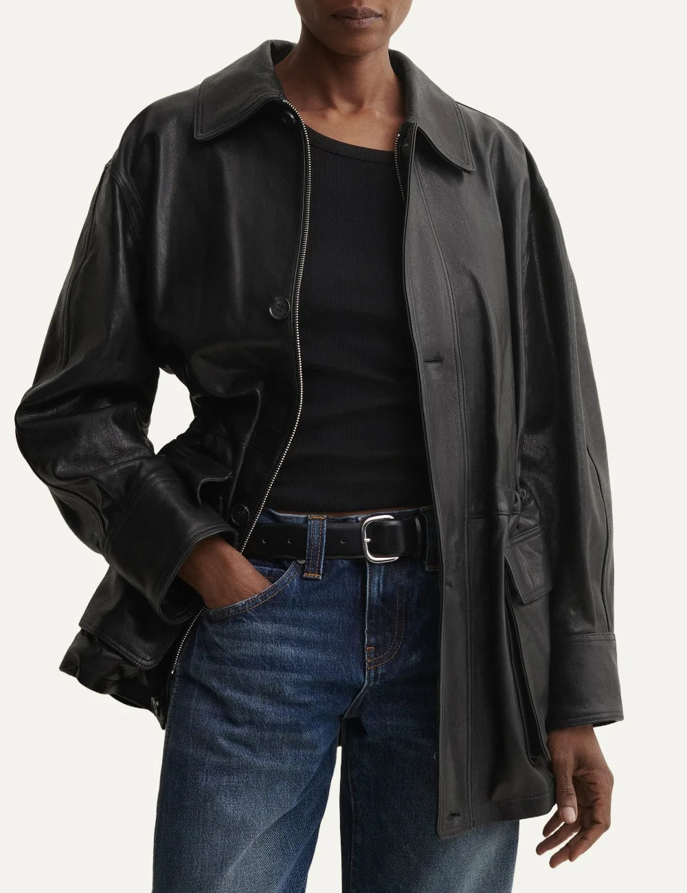 ARMA women's black sheep leather field jacket with front pockets model