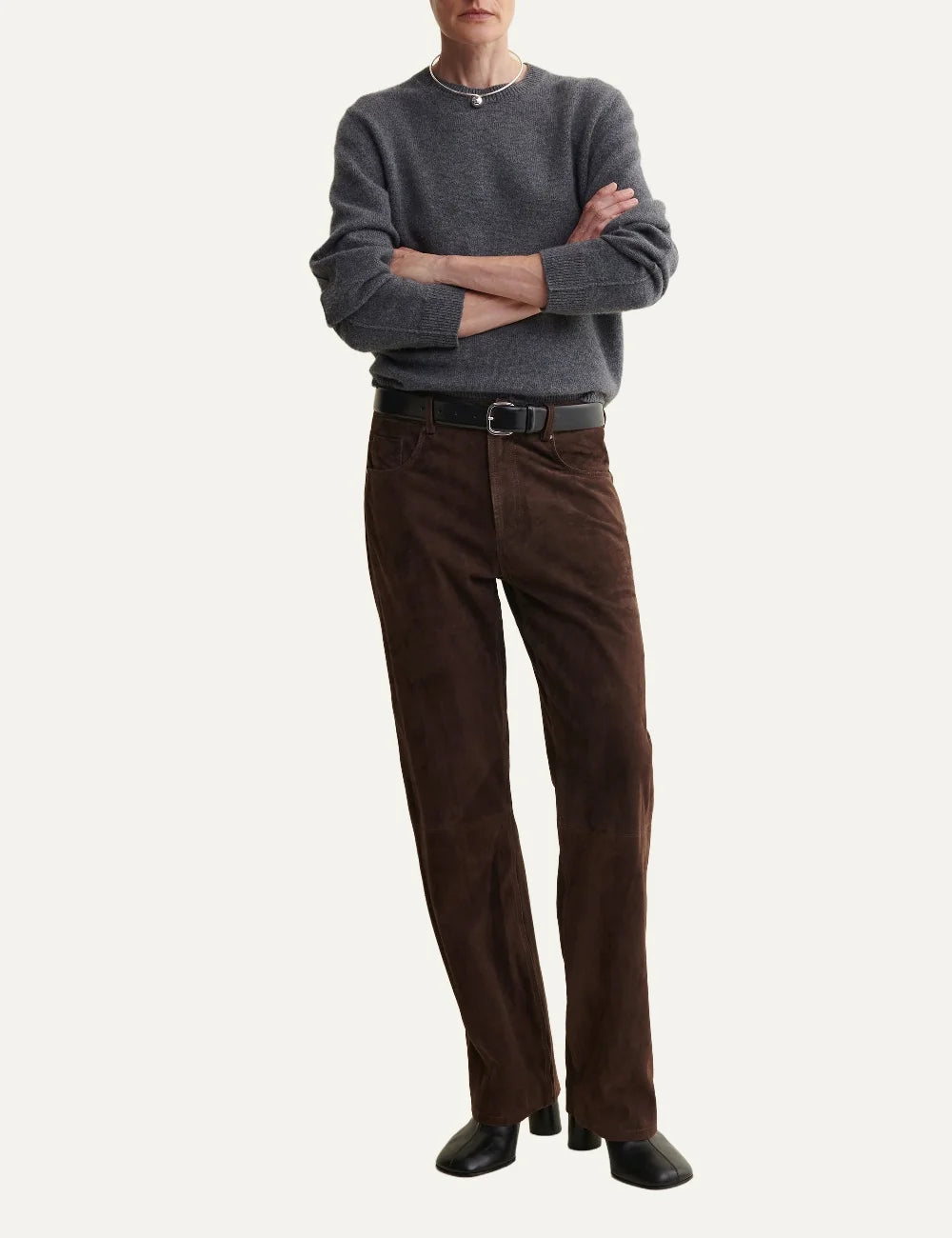 ARMA women's brown suede leather straight leg trousers full body