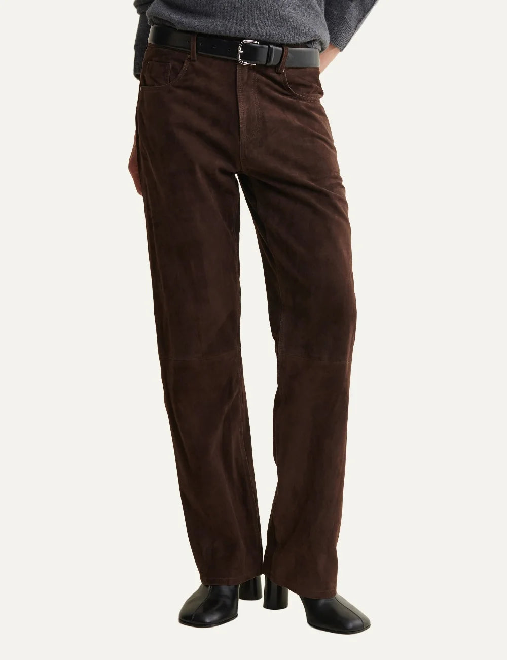 ARMA women's brown suede leather straight leg trousers model