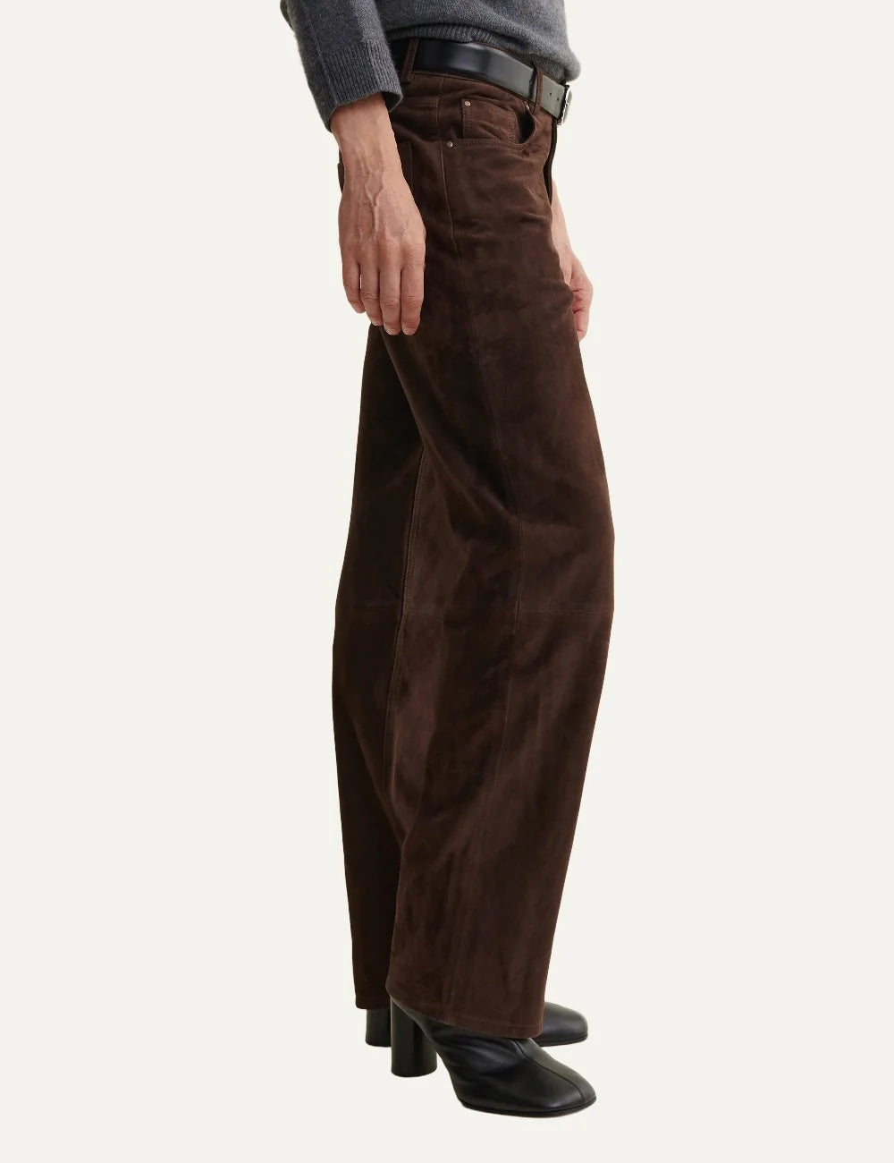 ARMA women's brown suede leather straight leg trousers side