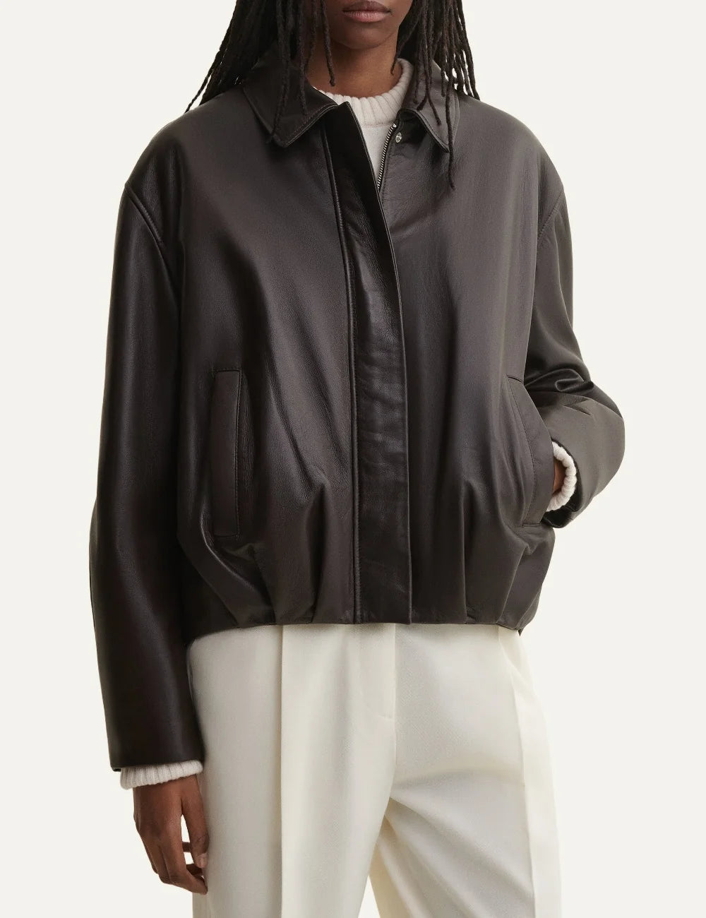ARMA women's dark brown lamb leather jacket with elasticated hem model
