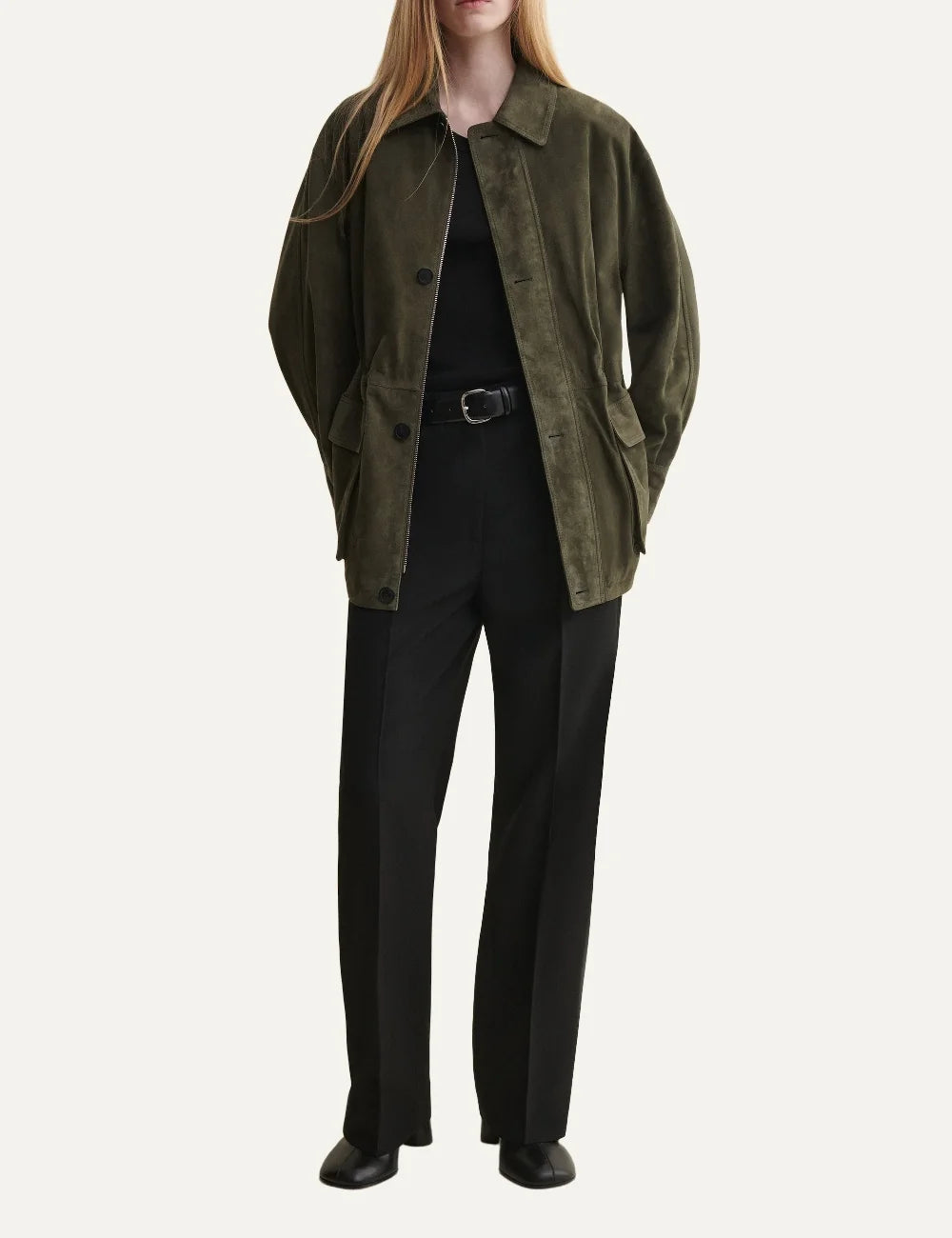 ARMA women's dark green lamb leather jacket with front pockets full body