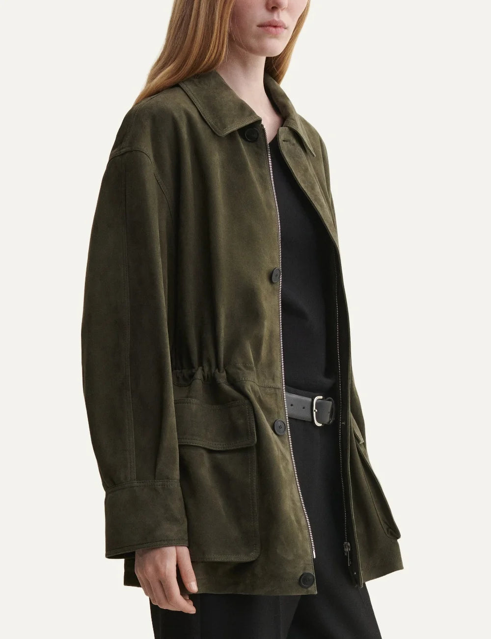 ARMA women's dark green lamb leather jacket with front pockets side