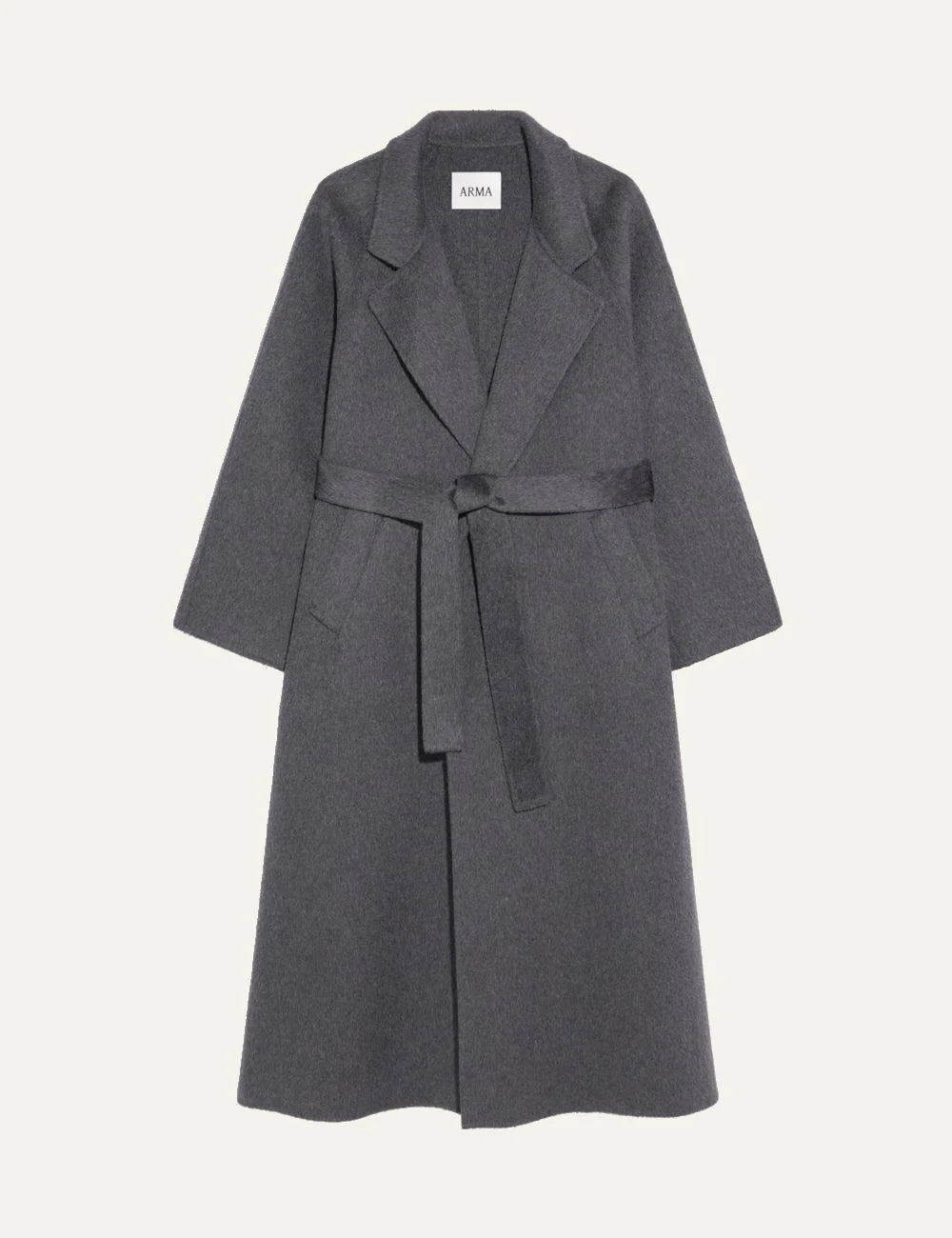 ARMA women's warm grey long wool coat with waist belt