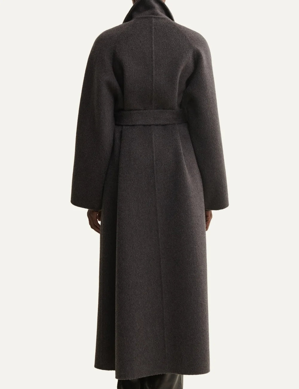 ARMA women's warm grey long wool coat with waist belt back