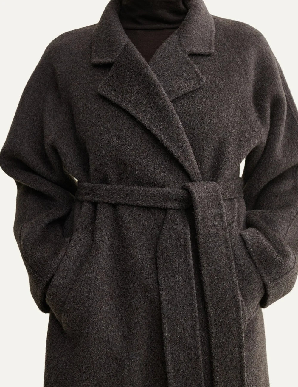 ARMA women's warm grey long wool coat with waist belt detail