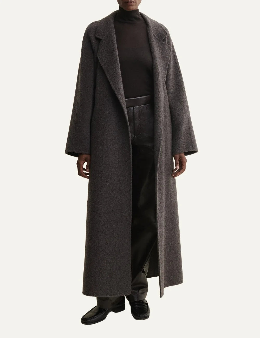ARMA women's warm grey long wool coat with waist belt full body