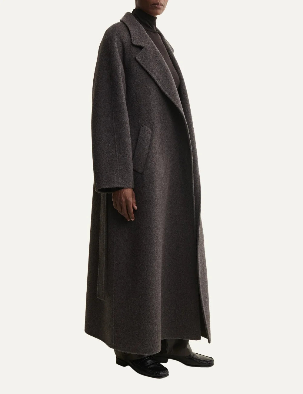 ARMA women's warm grey long wool coat with waist belt side