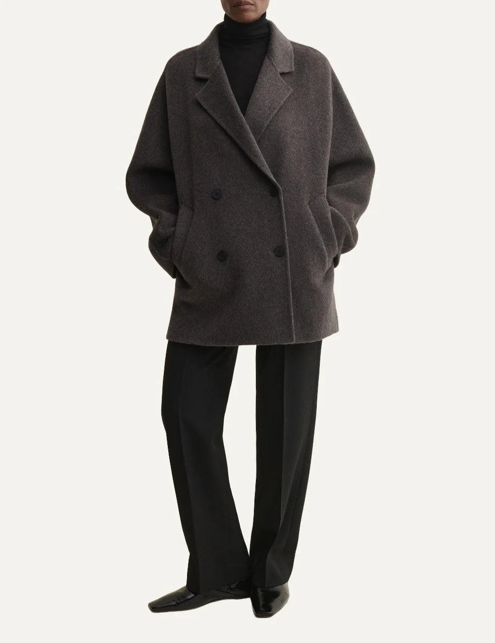 ARMA women's warm grey oversized double breasted wool coat full body