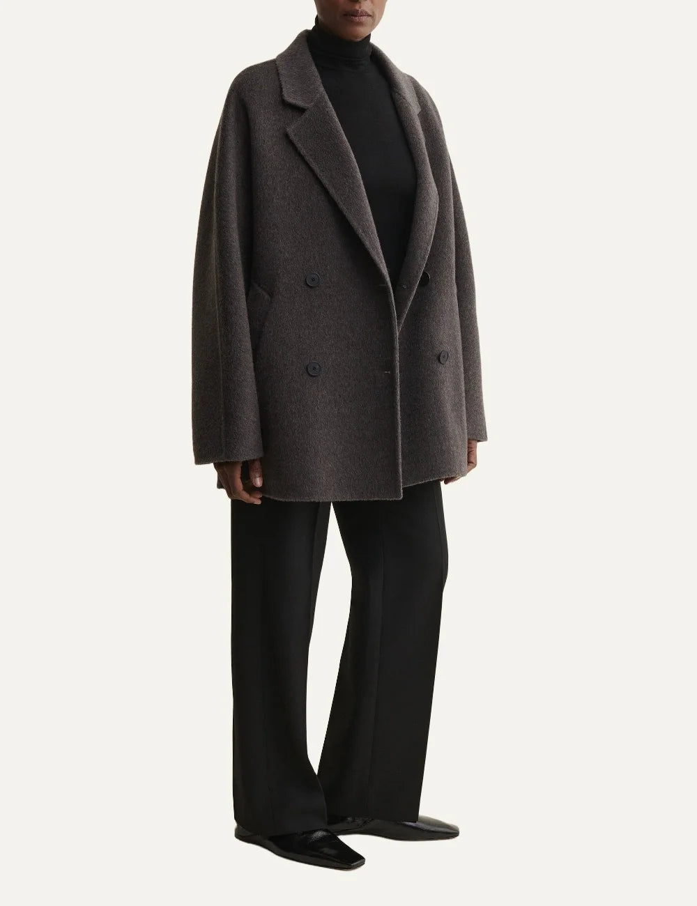 ARMA women's warm grey oversized double breasted wool coat side