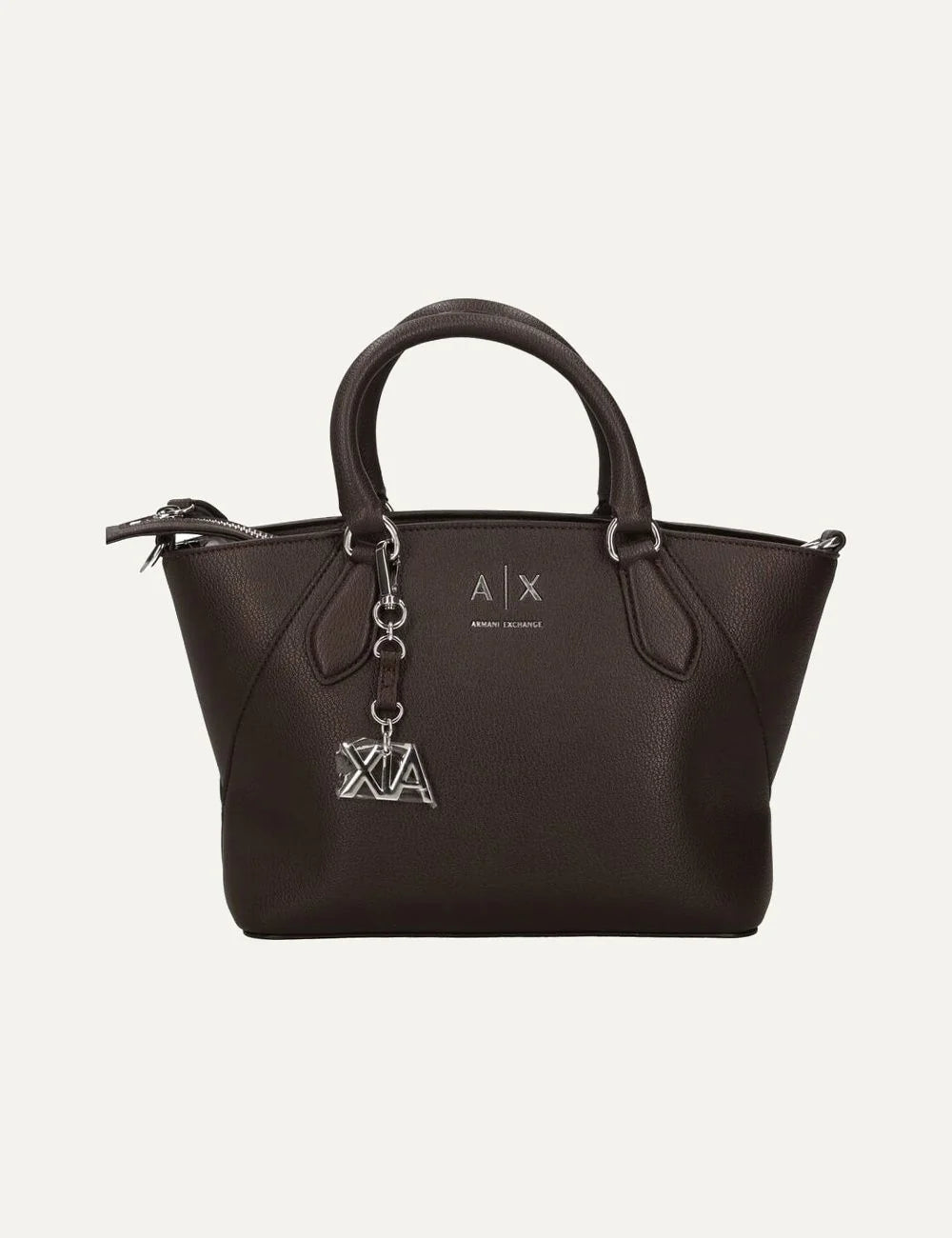 Women's Armani Exchange Isabel Mini dark brown handbag with double top handles, detachable shoulder strap, silver-tone A|X logo and zip closure