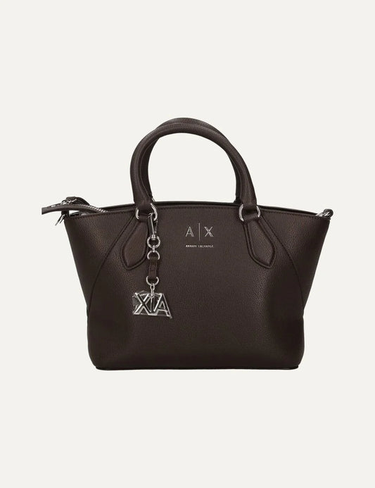 Women's Armani Exchange Isabel Mini dark brown handbag with double top handles, detachable shoulder strap, silver-tone A|X logo and zip closure