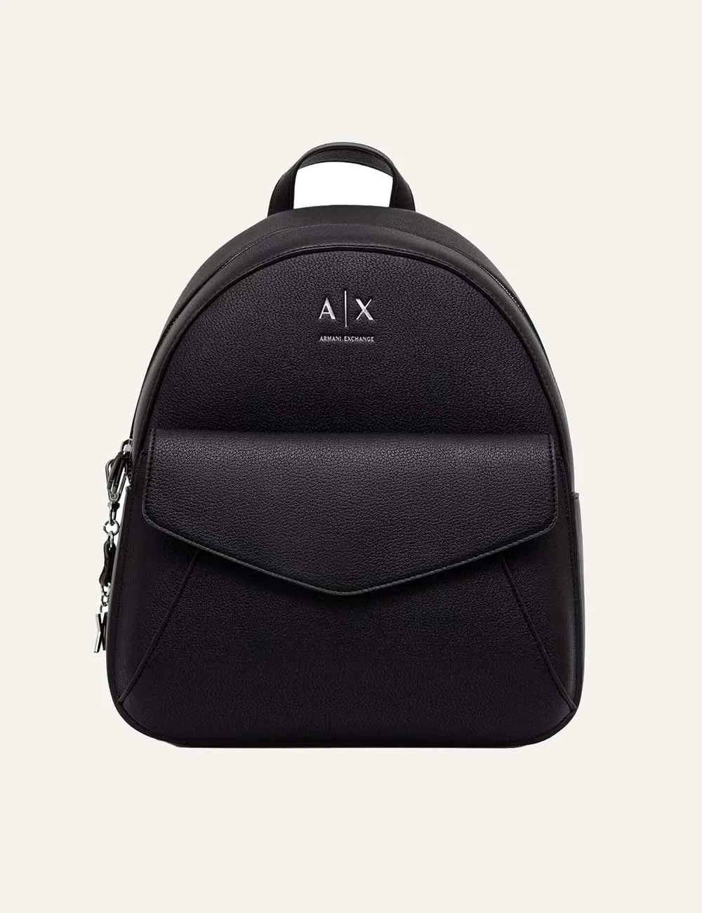 Women's Armani Exchange Isabel black backpack with textured finish, front flap pocket, silver-tone A|X logo and adjustable shoulder straps