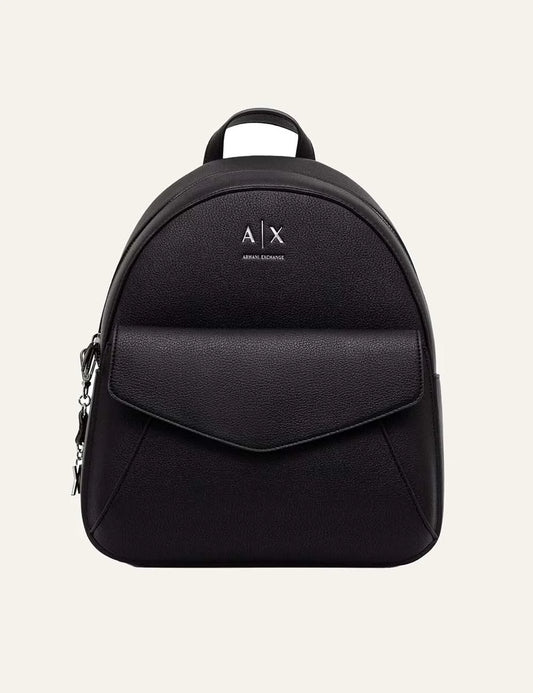 Women's Armani Exchange Isabel black backpack with textured finish, front flap pocket, silver-tone A|X logo and adjustable shoulder straps