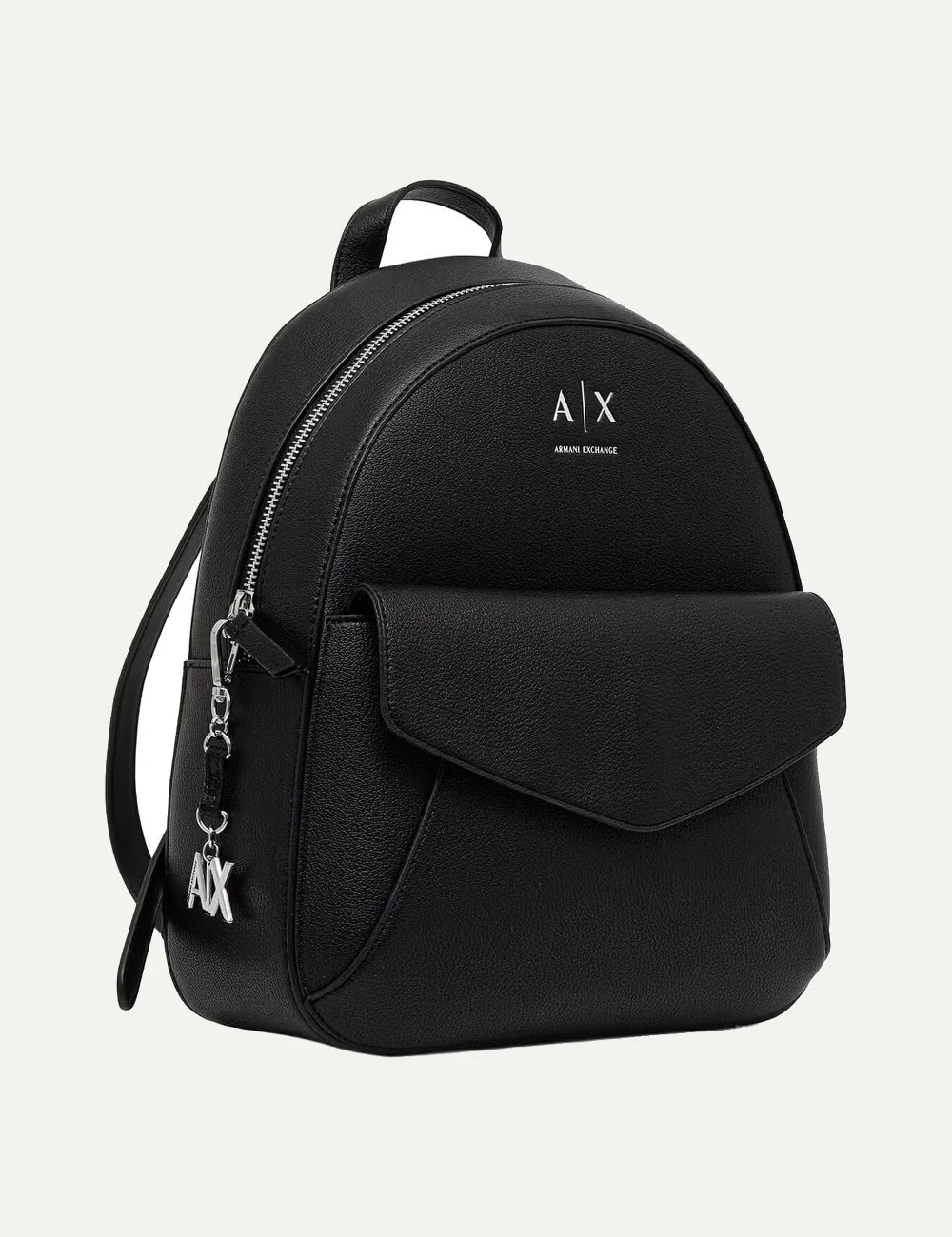 Women's Armani Exchange Isabel black backpack with textured finish, front flap pocket, silver-tone A|X logo and adjustable shoulder straps side
