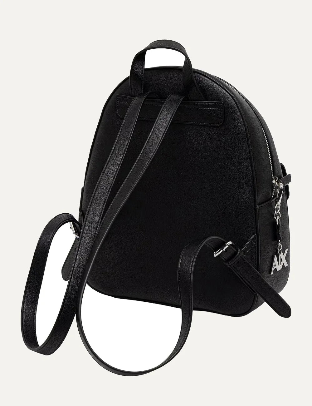 Women's Armani Exchange Isabel black backpack with textured finish, front flap pocket, silver-tone A|X logo and adjustable shoulder straps back