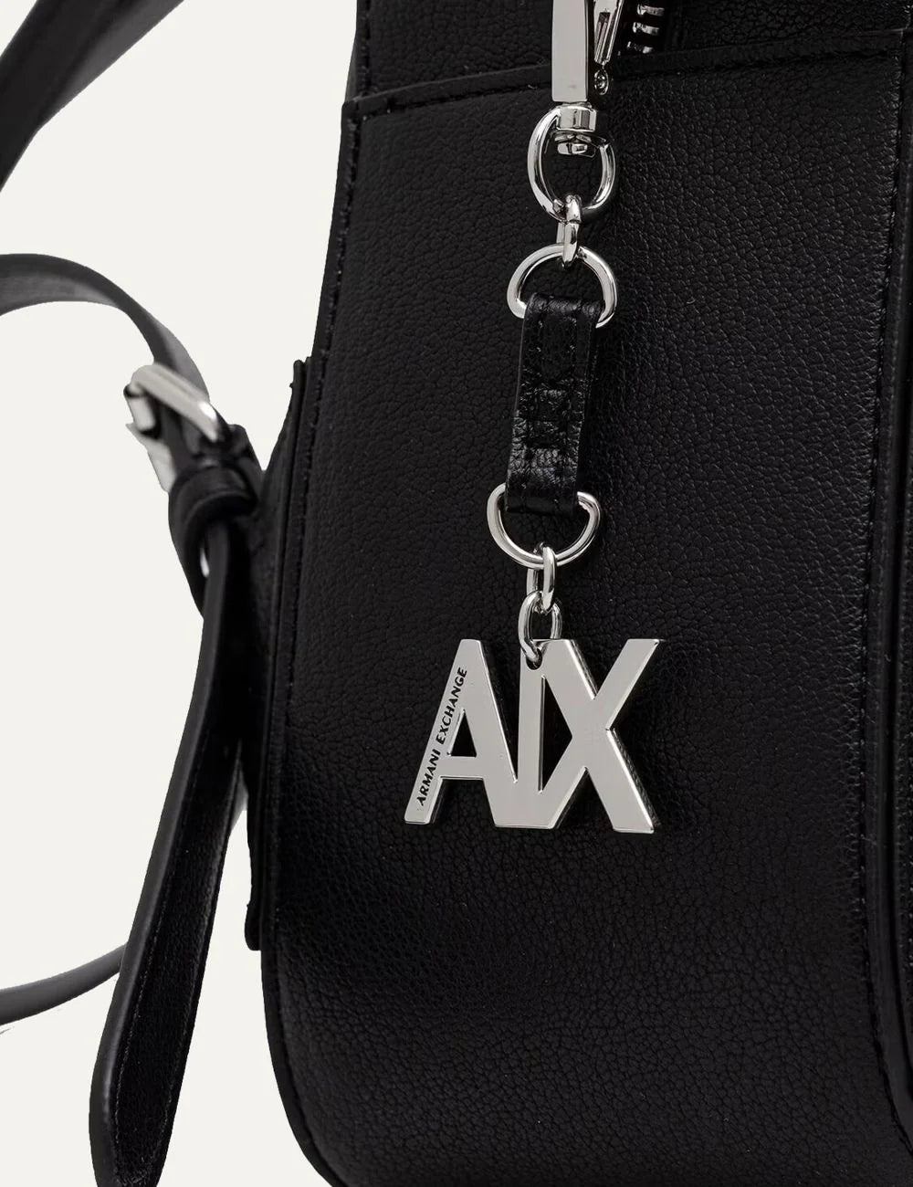Women's Armani Exchange Isabel black backpack with textured finish, front flap pocket, silver-tone A|X logo and adjustable shoulder straps detail