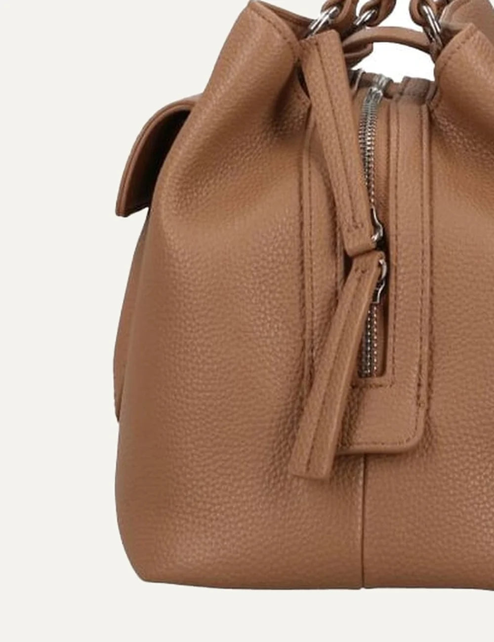 Armani Exchange women's brown Nicole L handbag with textured finish, double top handles, front flap pocket and silver AX logo detail