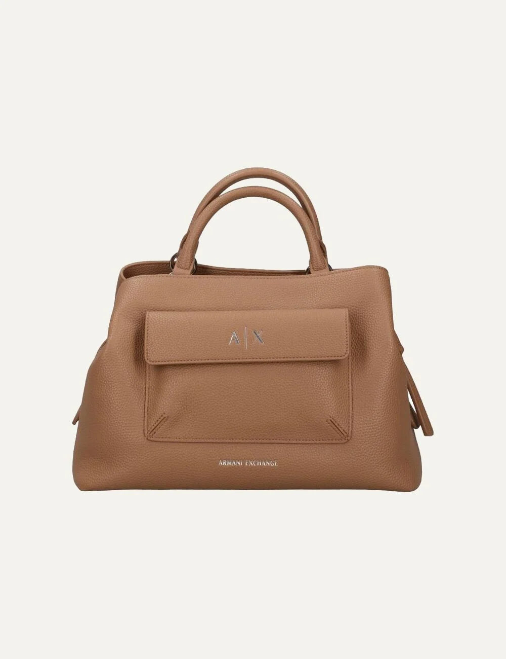 Armani Exchange women's brown Nicole L handbag with textured finish, double top handles, front flap pocket and silver AX logo