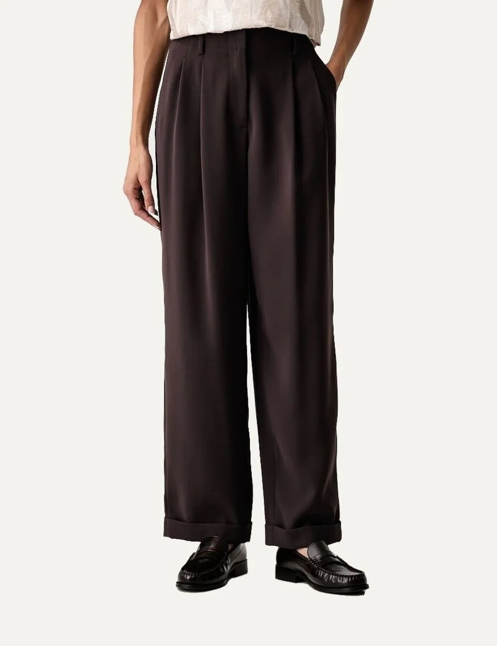 Women's Armani Exchange dark brown high-waisted wide-leg trousers with front pleats, side pockets and cuffed hems