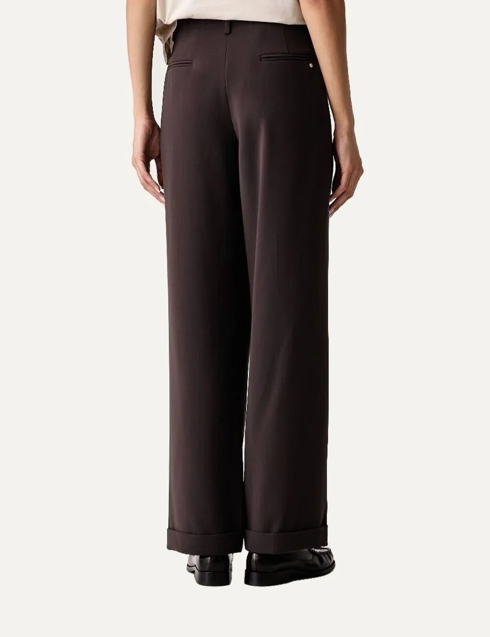 Women's Armani Exchange dark brown high-waisted wide-leg trousers with front pleats, side pockets and cuffed hems back