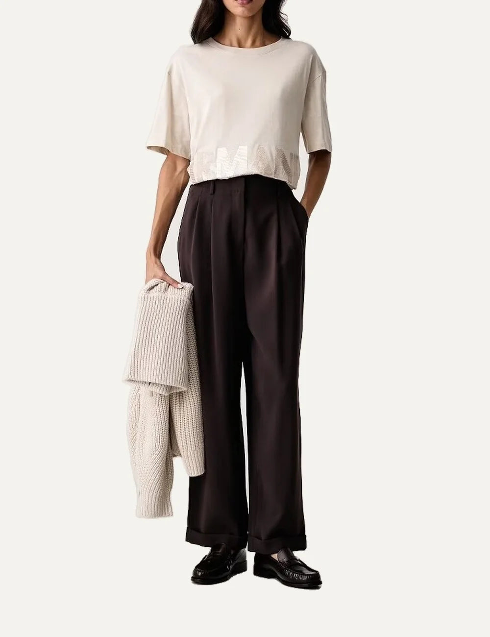 Women's Armani Exchange dark brown high-waisted wide-leg trousers with front pleats, side pockets and cuffed hems full body