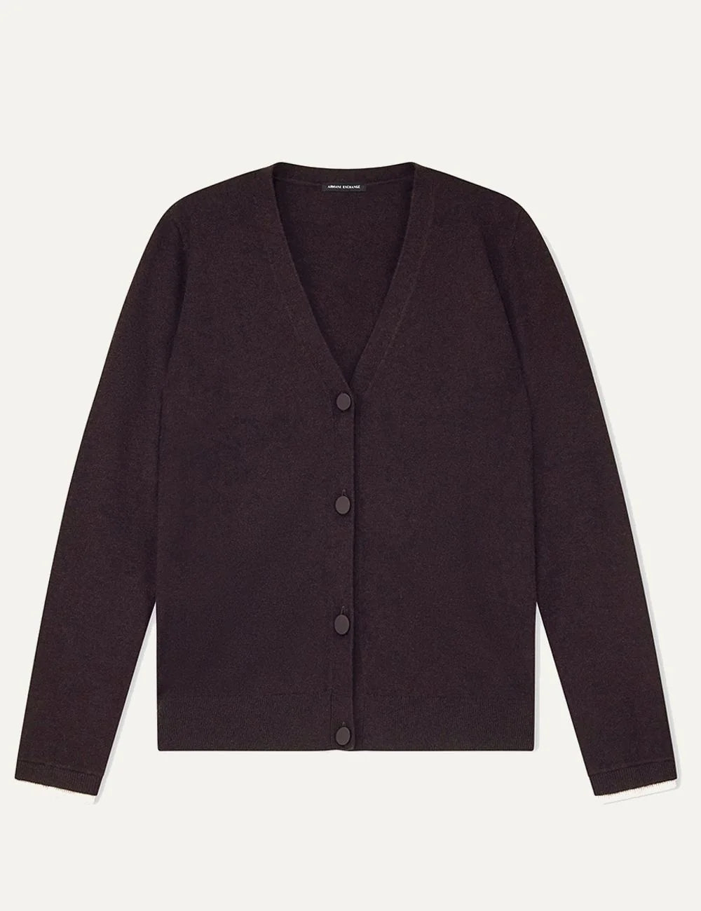 Women's Armani Exchange dark brown knitted cardigan with V-neck, button front, long sleeves and ribbed trims