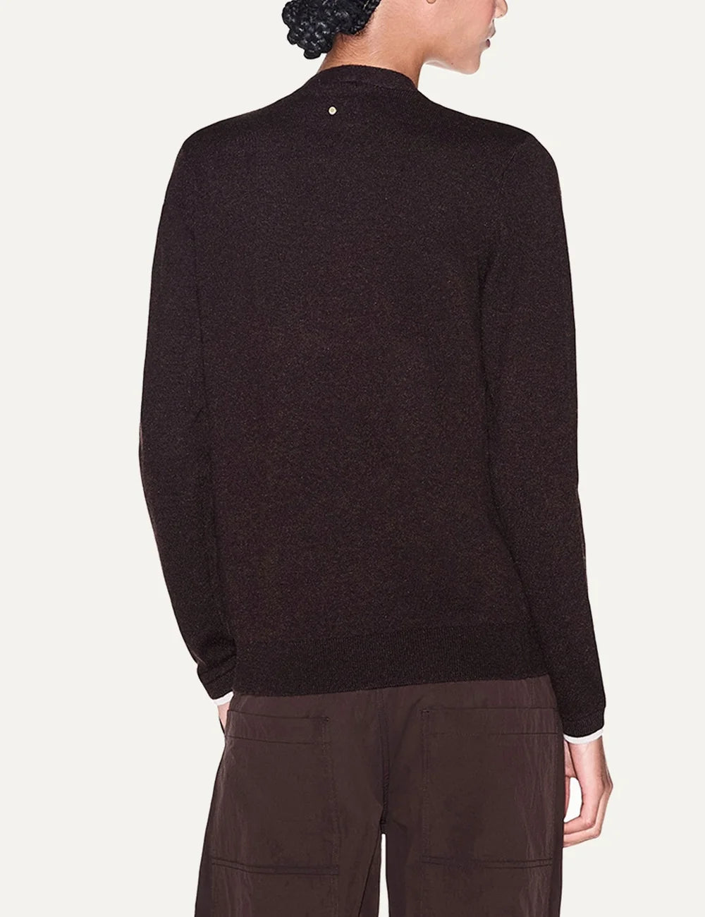 Women's Armani Exchange dark brown knitted cardigan with V-neck, button front, long sleeves and ribbed trims back