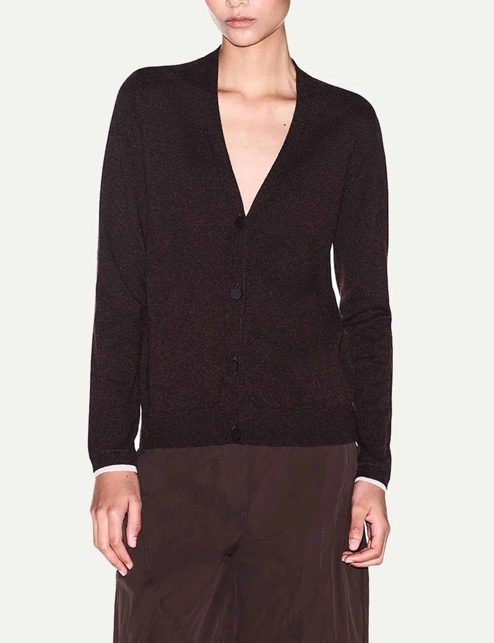 Women's Armani Exchange dark brown knitted cardigan with V-neck, button front, long sleeves and ribbed trims model