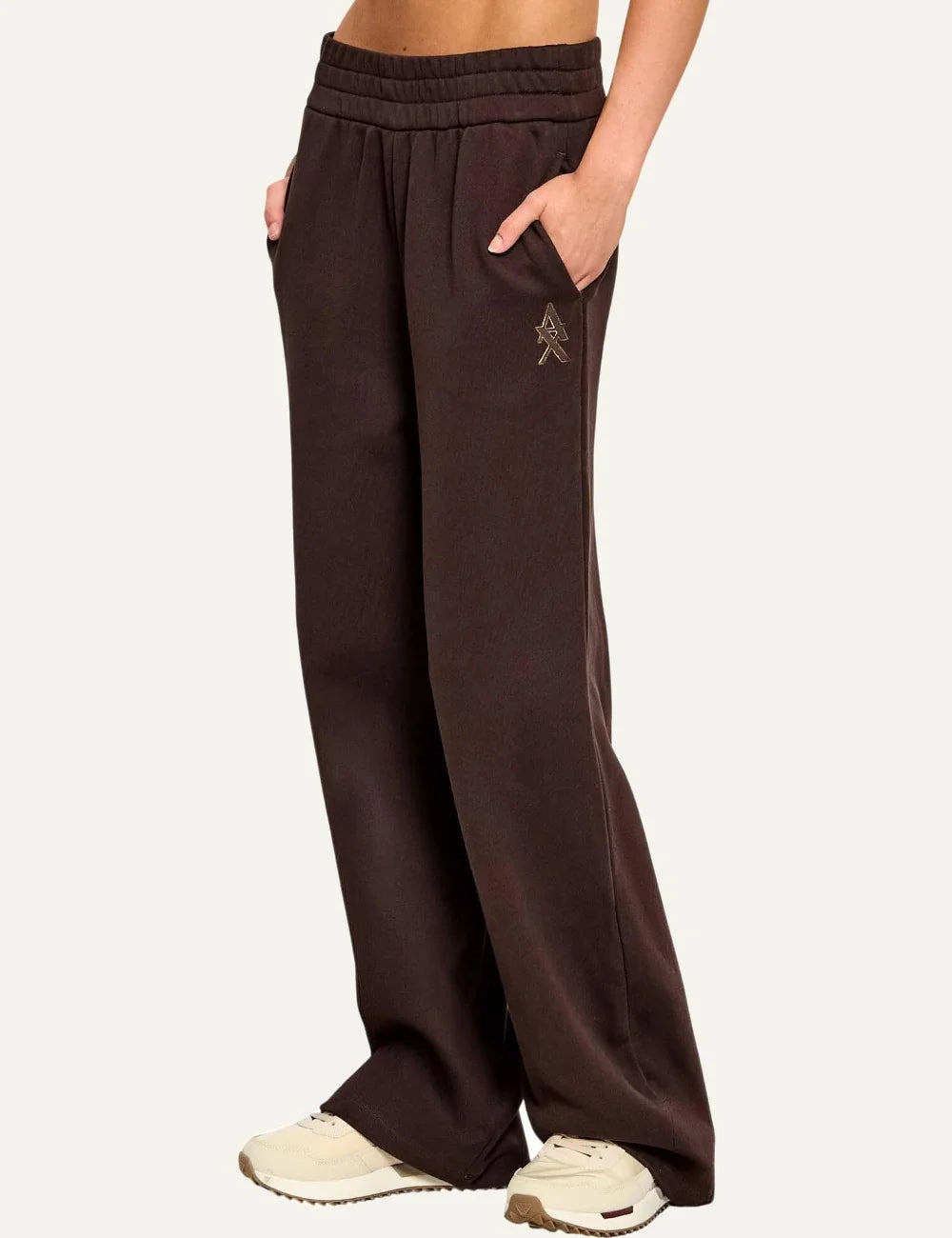 Women's Armani Exchange dark brown cotton wide-leg sweatpants with high elasticated waist, side pockets and embroidered logo