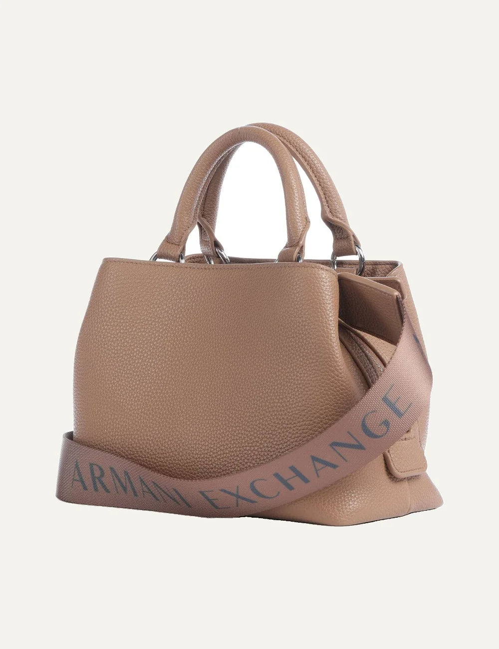 Women's Armani Exchange brown textured handbag with top handles, detachable logo shoulder strap, front pocket and silver-tone A|X logo back