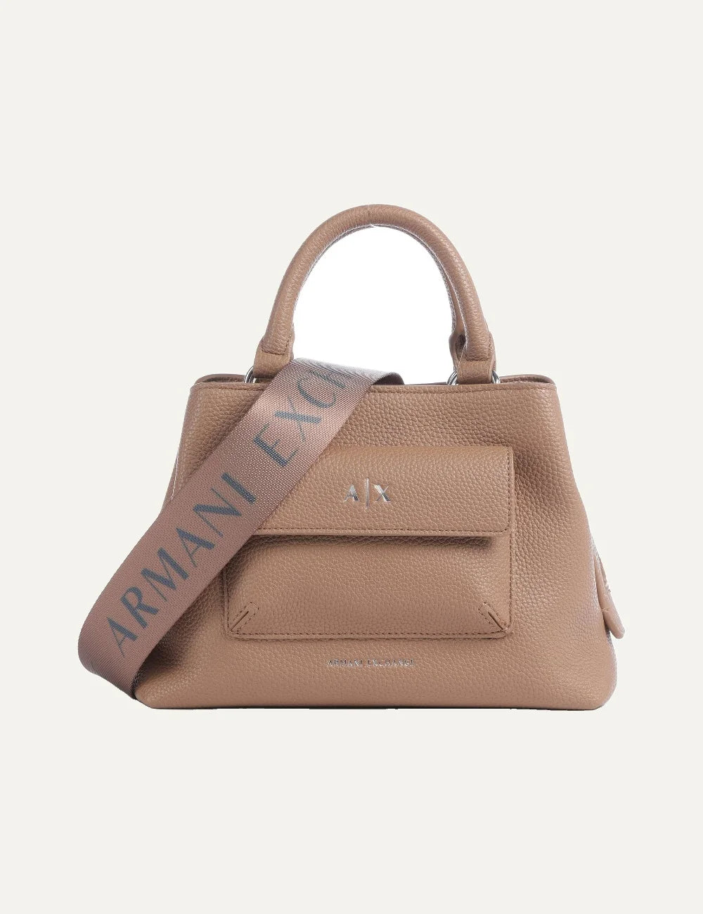 Women's Armani Exchange brown textured handbag with top handles, detachable logo shoulder strap, front pocket and silver-tone A|X logo