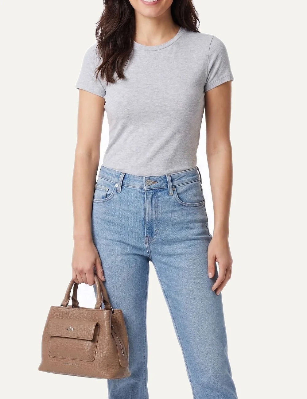 Women's Armani Exchange brown textured handbag with top handles, detachable logo shoulder strap, front pocket and silver-tone A|X logo model