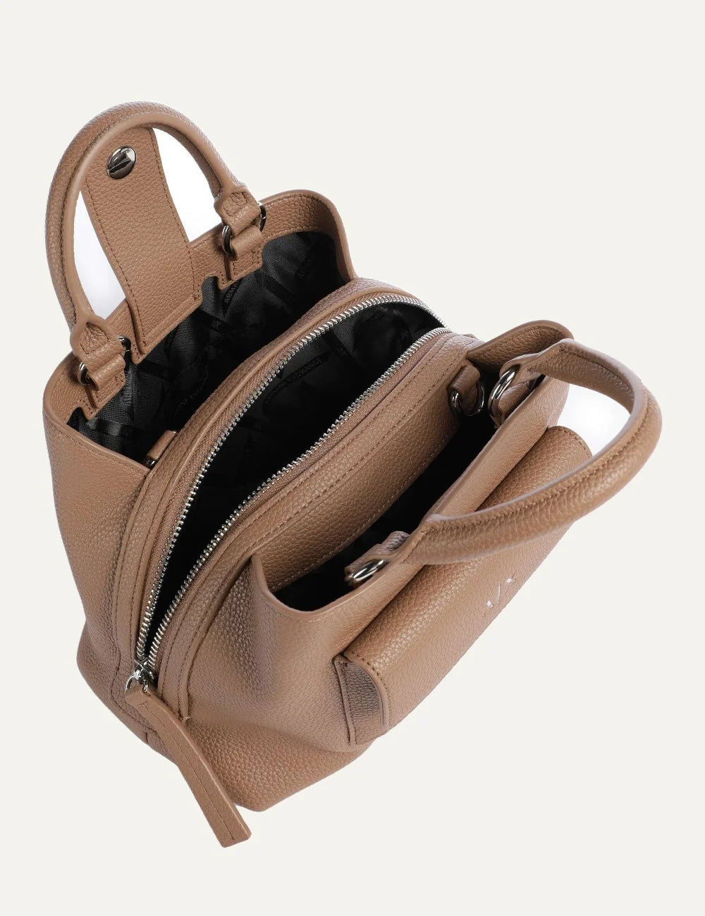 Women's Armani Exchange brown textured handbag with top handles, detachable logo shoulder strap, front pocket and silver-tone A|X logo top