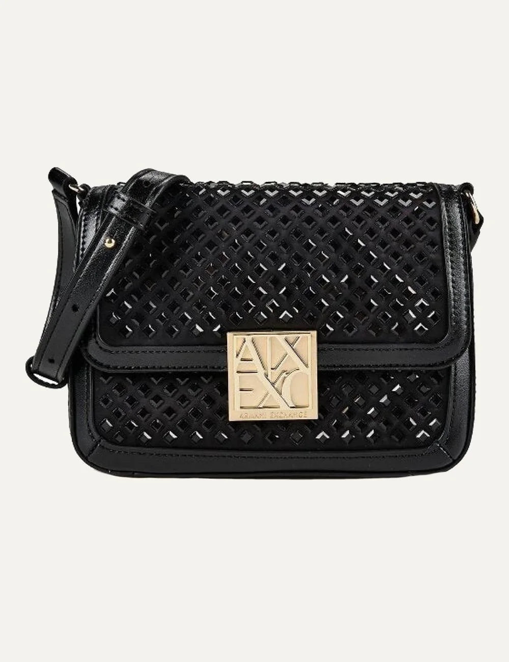 Women's Armani Exchange Amy Mini black shoulder bag with perforated design, gold-tone A|X logo and adjustable removable strap