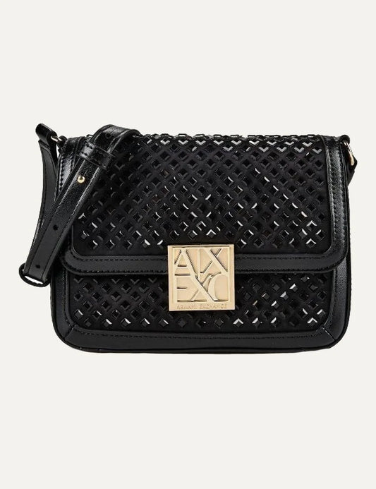Women's Armani Exchange Amy Mini black shoulder bag with perforated design, gold-tone A|X logo and adjustable removable strap