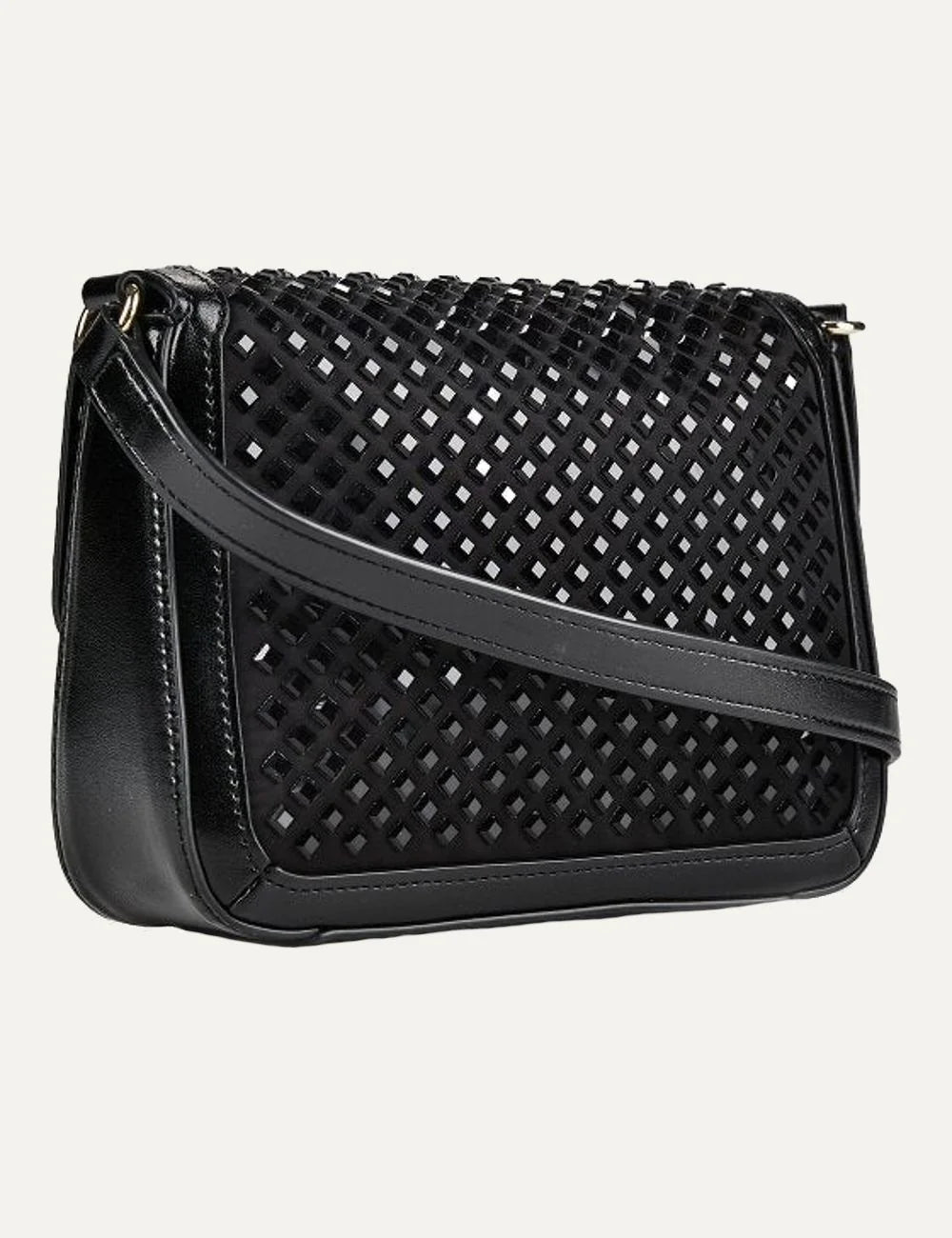 Women's Armani Exchange Amy Mini black shoulder bag with perforated design, gold-tone A|X logo and adjustable removable strap back