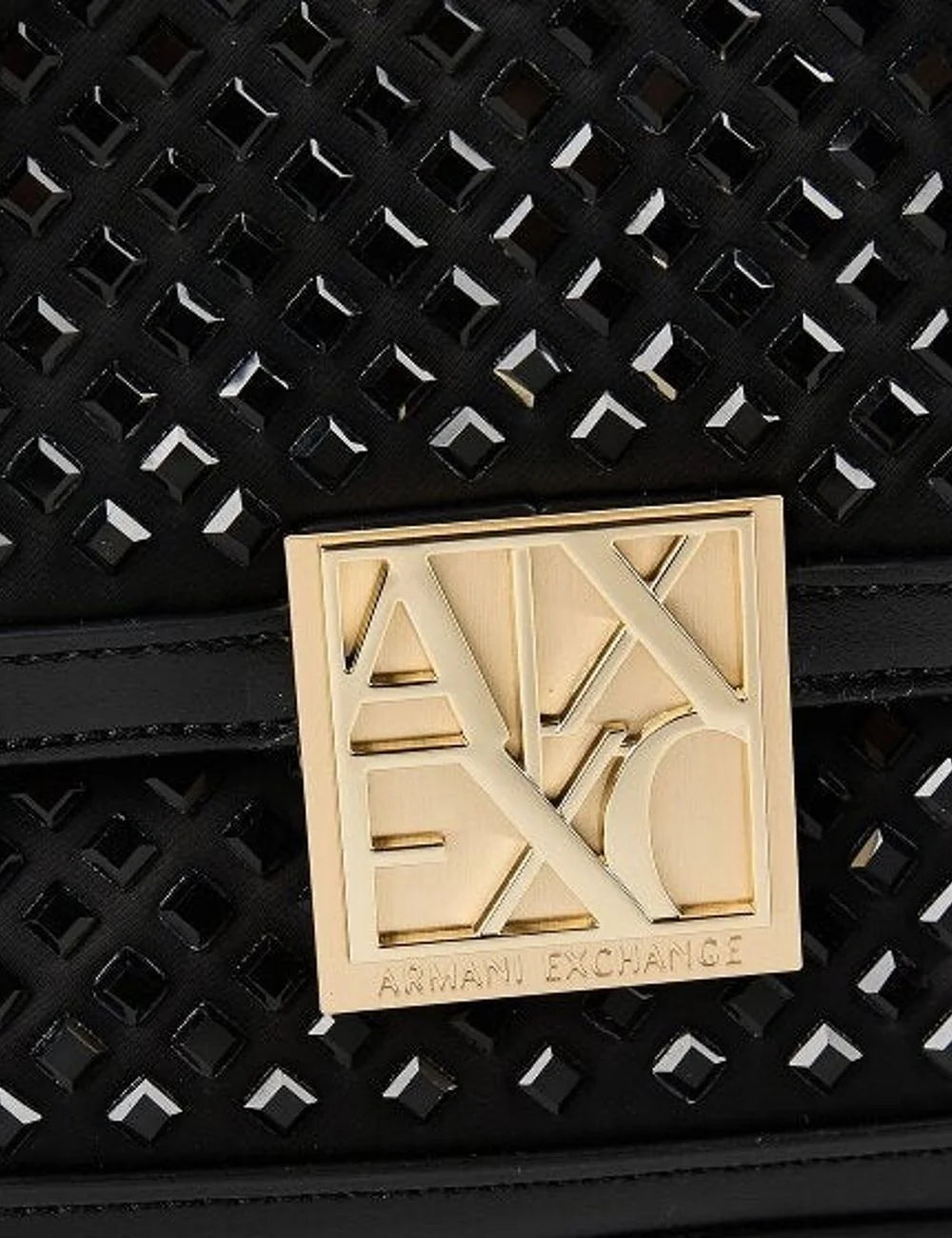 Women's Armani Exchange Amy Mini black shoulder bag with perforated design, gold-tone A|X logo and adjustable removable strap detail