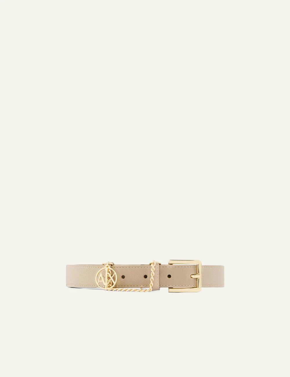 armani exchange beige belt gold chain logo buckle detail view