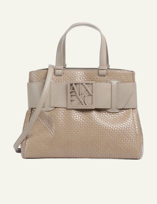 armani exchange beige textured shopping bag AX logo front view